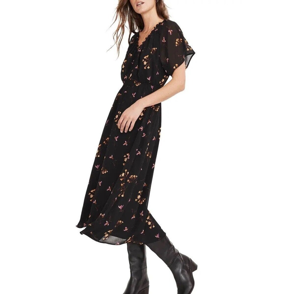 Women's Madewell Georgette Dress Freesia Floral Midi Dress Black Sheer Lined XXS